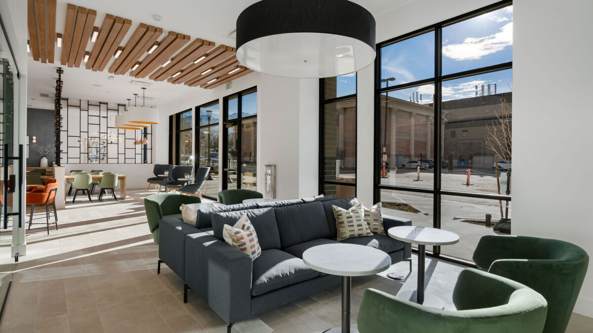 The lobby of Cottonwood Highland in Salt Lake City, UT.  Interior Design by Nadia Geller Designs