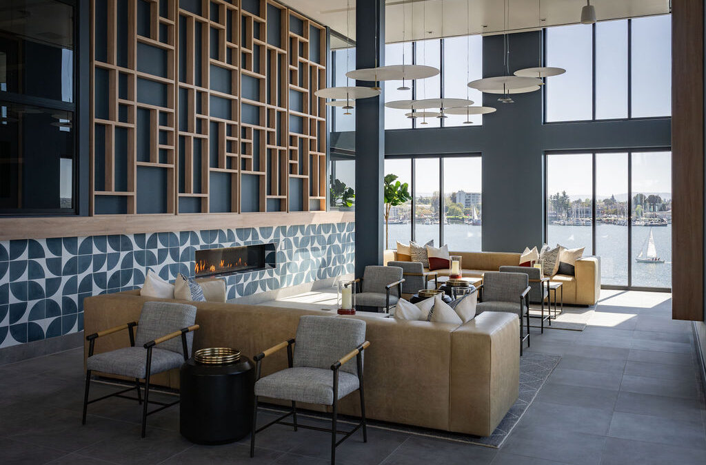 Lobby at Portico Apartments in Oakland, CA designed by Nadia Geller Designs