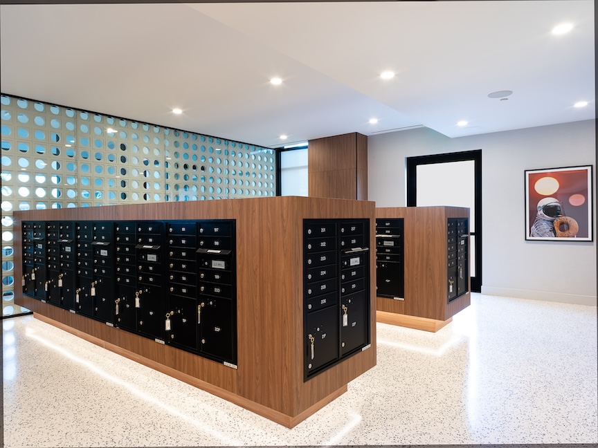 Mailroom at Apollo Apartments. Breeze Blocks by Tesselle Interior Design by Nadia Geller Designs