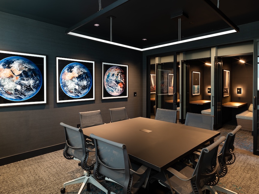 Conference Room at Apollo Apartments. Sherwin Williams Black of Night Paint SW6993. Interior Design by Nadia Geller